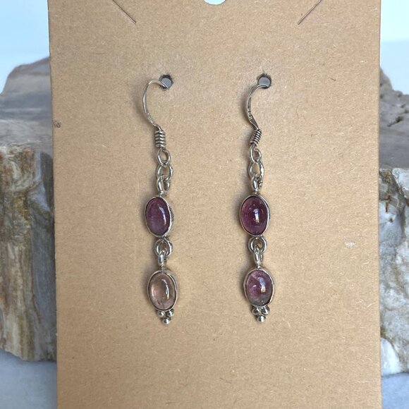 Sterling Silver 925 Dainty Oval Pink Tourmaline Multistone Dangle Drop Earrings - Picture 12 of 16